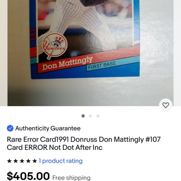 Don Mattingly error baseball card - Picture 5 of 5